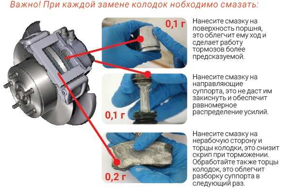 Места смазки суппорта и колодок фото